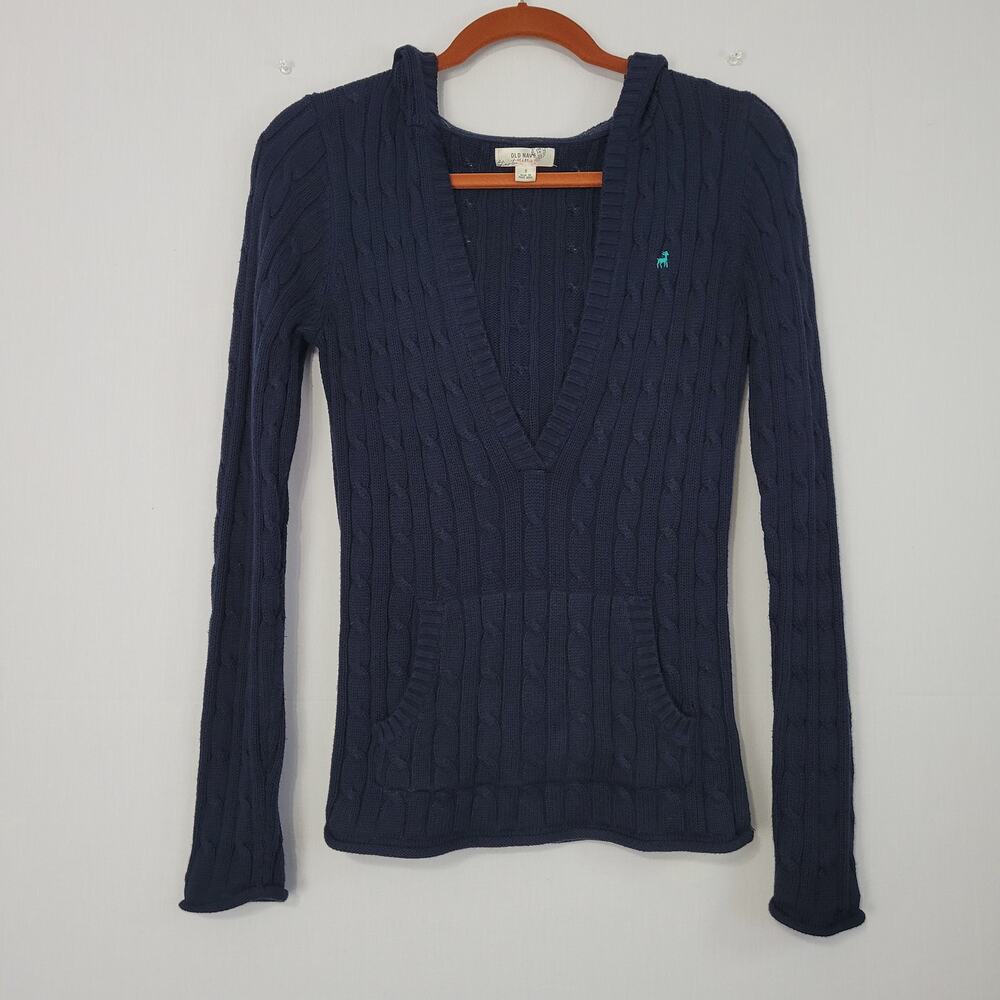 Vintage Y2K Old Navy Hooded Cable Knit Sweater sz S Navy Bella Swan Deep V-neck